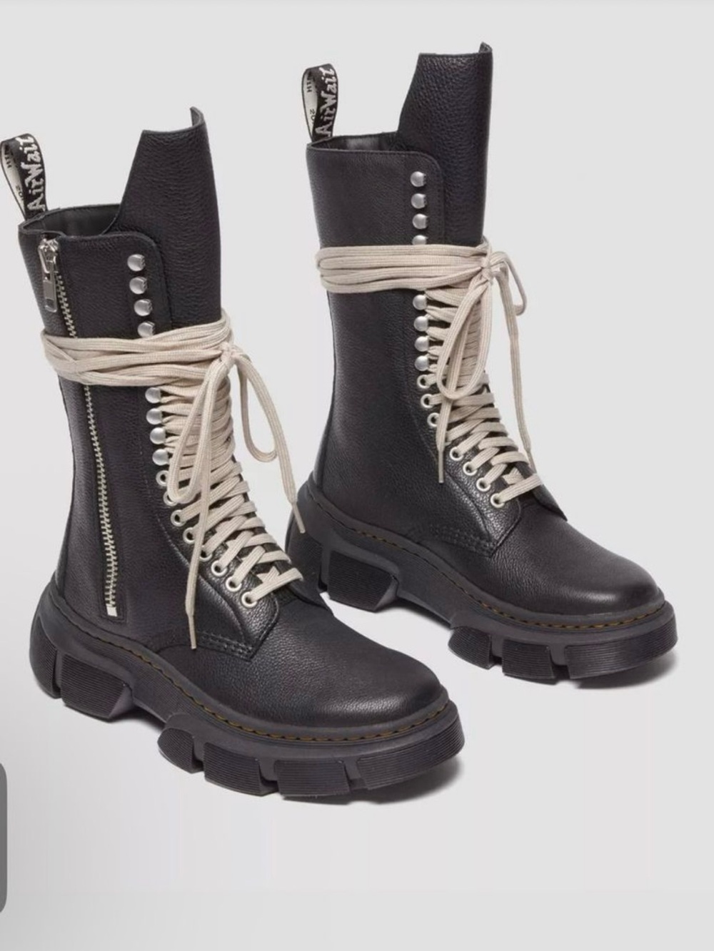 Rick Owens Black Leather Combat Boots with Cream Laces